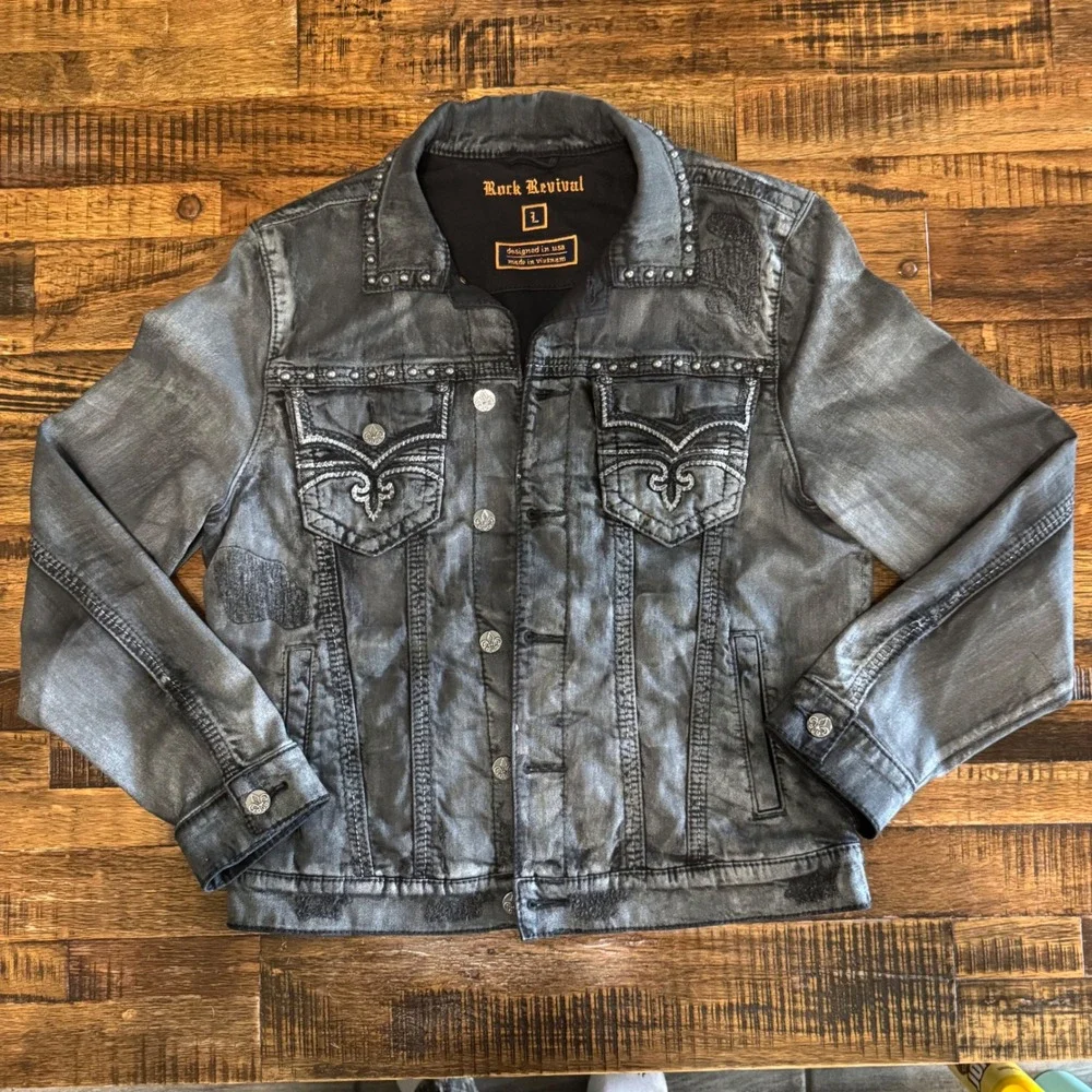 Rock Revival Mens Doheny 201 Grey Studded Denim Trucker Jacket TJ802-201 Large